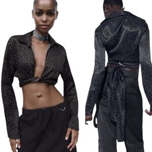 NEW Zara Black White Polka Dot Print Satin Wrap Bow Tie Cropped Blouse - S